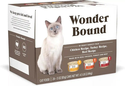 Amazon Brand - Wonder Bound Gourmet Wet Cat Food in Gravy Variety Pack (Turkey, Chicken, Beef), Poultry, Made in USA, 3 Ounce (Pack of 24)1