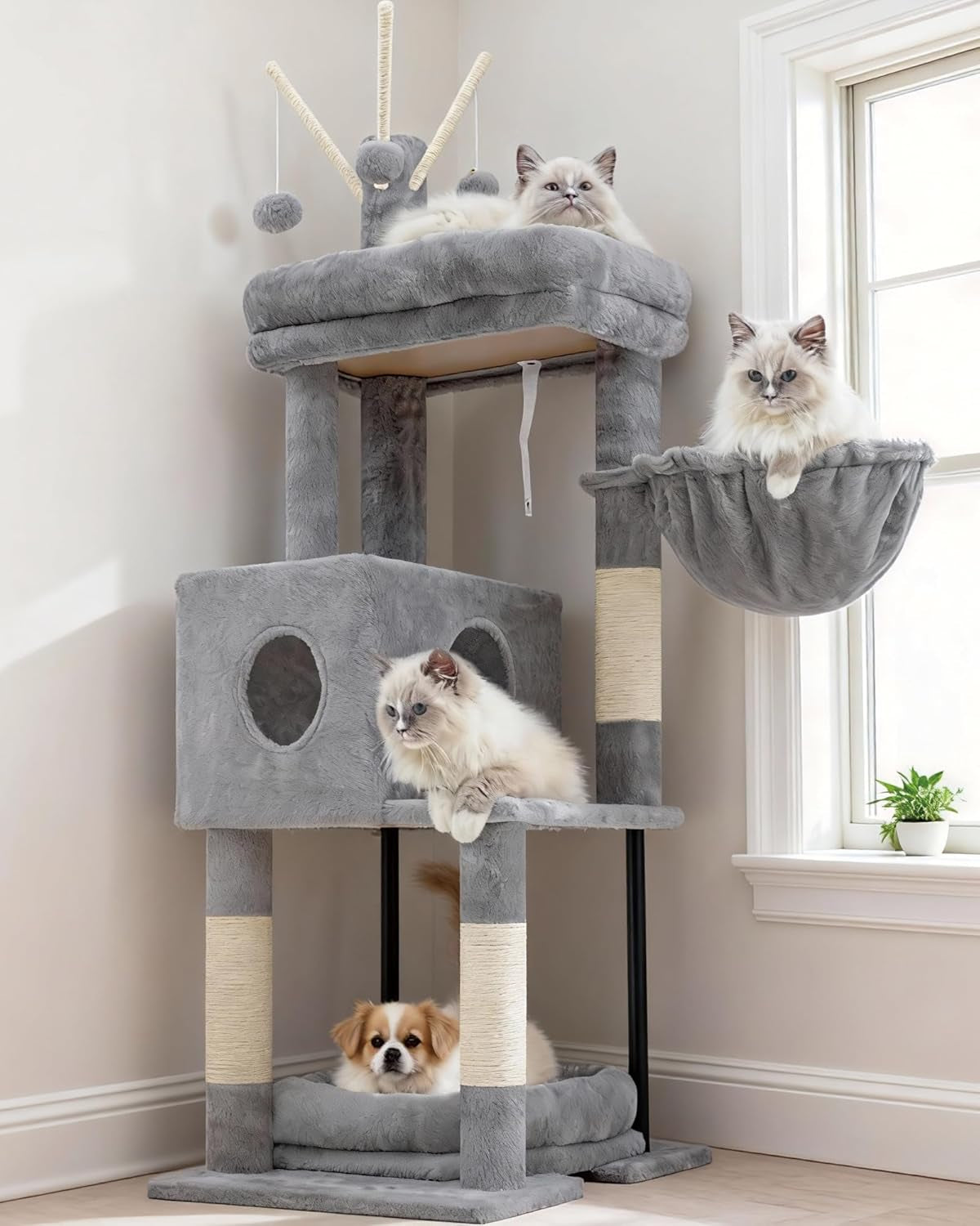 heybly-cat-tree-45-3-inch-cat-tower-for-indoor-cats-with-large-perch-all-in-one-cat-furniture-with-cozy-bed-hidden-space-cat-condo-comfy-hammock-scratching-posts-3-pompoms-light-gray-hct202sw