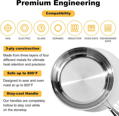 Tri-Ply Stainless Steel Frying Pan 10 Inch，Non-Toxic PFAS, PFOA & PTFE Free, Compatible with All Cooktops & Induction Safe, Oven Safe Pan for Searing & Sautéing2