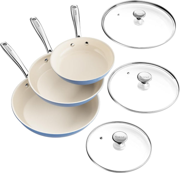 Nonstick Cookware Sets, Ceramic Frying Pan Set with Tempered Glass Lids, Non Stick Cooking Set, Dishwasher & Oven Safe, Induction Safe, Compatible with All Cooktops, Blue (8", 9.5", 11")1