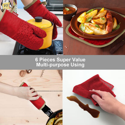 Oven Mitts and Pot Holders 6Pcs Set, Kitchen Oven Glove High Heat Resistant 500 Degree Extra Long Oven Mitts and Potholder with Non-Slip Silicone Surface for Cooking (Red)7