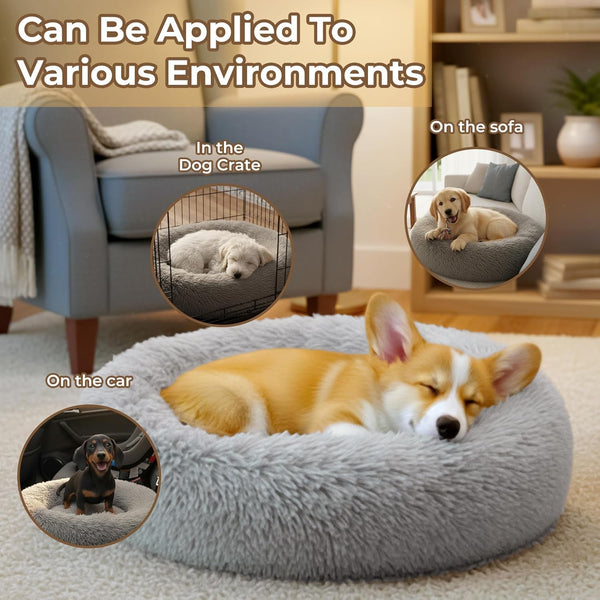 Calming Donut Dog and Cat Bed for Indoor Cats, Anti-Anxiety round Fluffy Soft Washable Small Pet Bed for Puppy and Kitten, Warming Comfortable Luxury Anti-Slip Waterproof Mute Base 20In Gray5