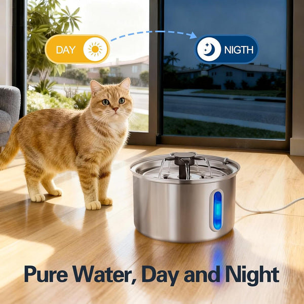 3L/101Oz Stainless Steel Cat Water Fountain for Indoor Use - Ultra Quiet Automatic Cat Fountain for Drinking, Bpa-Free Pet Water Dispenser for Cats/Small Dogs LED Window (2 Filters 2 Sponges)3