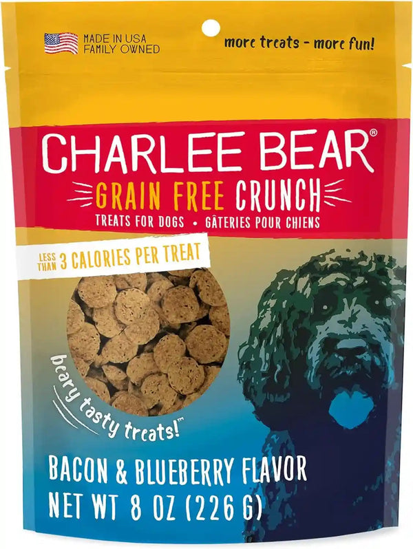 Charlee Bear Crunch Grain Free Dog Treats, Bacon and Blueberry, 8 Ounce Resealable Bag, Low Calorie Training Treats for Dogs, Limited Ingredient, Healthy, Crunchy Dog Snacks, Made in USA1