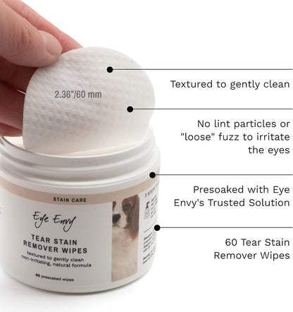 Eye Envy Tear Stain Wipes for Dogs. Textured to Gently Clean. Presoaked in Natural Formula. Recommended by AKC Breeders, Professional Groomers. Cleans Staining. USA Made. 60 Wipes6