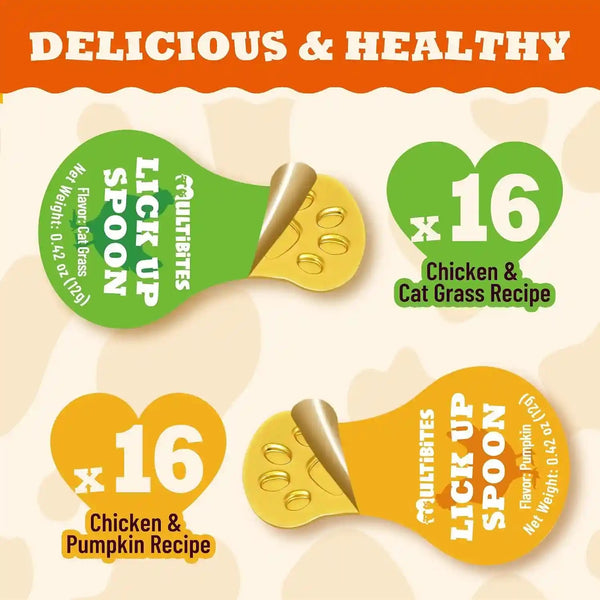 Lickable Cat Treats with Lick-Up Spoons, Healthy Wet Cat Snacks for Digestive Support, Grain-Free Kitten Treats with Taurine & Vitamins, Cat Grass & Pumpkin Variety Pack (32 Spoons)4