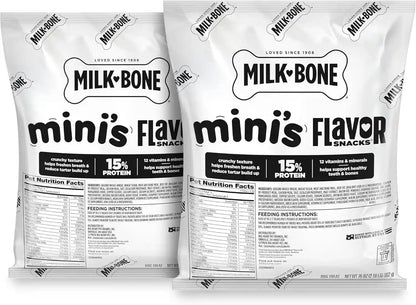 Milk-Bone Flavor Snacks Mini’S Dog Biscuits, Flavored Crunchy Dog Treats, 36 Oz. Canister | 5 Calories per Treat, 15% Protein, 3 Flavors per Canister (Beef, Chicken & Bacon, Naturally & Artificially Flavored)15