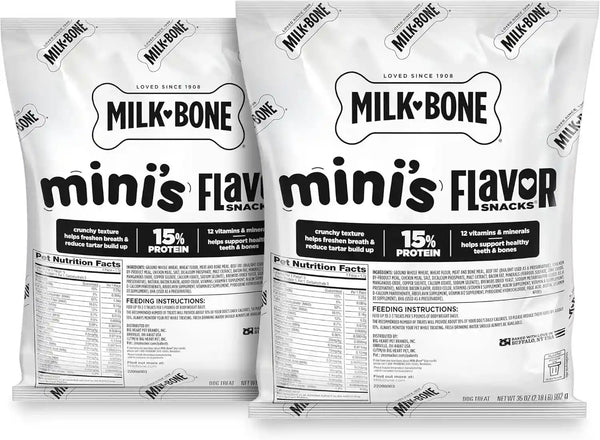 Milk-Bone Flavor Snacks Mini’S Dog Biscuits, Flavored Crunchy Dog Treats, 36 Oz. Canister | 5 Calories per Treat, 15% Protein, 3 Flavors per Canister (Beef, Chicken & Bacon, Naturally & Artificially Flavored)15