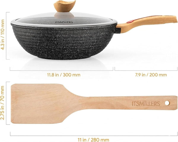 Nonstick Wok Aluminium Die-Casting Chinese Wok, Scratch Resistant with Lid and Spatula, Pfoa-Free, Dishwasher Safe & Induction Bottom,11.8 Inch,5Qt,Large Capacity3