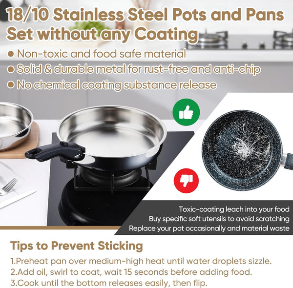 9Pcs Stainless Steel Cookware Set, 3-Ply Pots and Pans Set W/Detachable Handle & Lid, Induction Cookware Kitchen Cooking Set for RV Camping, Nontoxic Whole Clad Frying/Saute/Sauce Pan, Oven Safe5