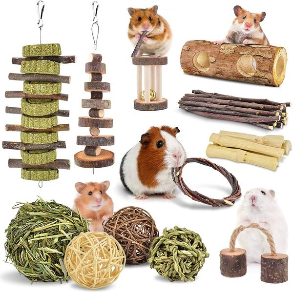 ERKOON New 12 Pack Hamster Chew Toys Gerbil Rat Guinea Pig Chinchilla Chew Toys Accessories, Natural Wooden Dumbbells Exercise Bell Roller Teeth Care Molar Toy for Rabbits Bird Rabbits Hamster Gerbil1
