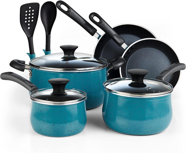 Professional Pots and Pans Nonstick Cookware Set, Belly Shape Kitchen Cooking Set with Frying Pans and Saucepans, Induction Compatible, 10-Piece, Turquoise1