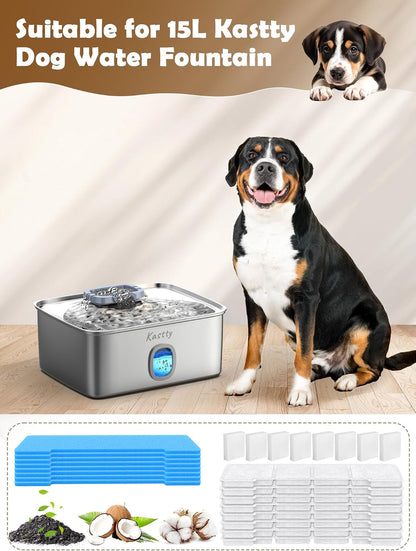 Kastty 15L Dog Water Fountain Filter Replacement for FS76 FS78 FS79 | Filter Made of Activated Carbon and PP Cotton, 8 Pack Pet Fountain Filters 8 Pack Pre-Filter Sponge with 8 Pump Sponge L053