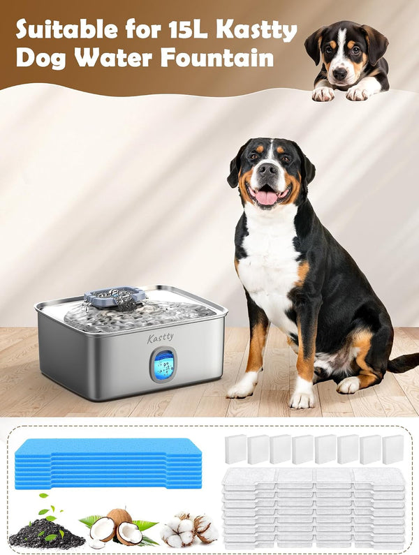 Kastty 15L Dog Water Fountain Filter Replacement for FS76 FS78 FS79 | Filter Made of Activated Carbon and PP Cotton, 8 Pack Pet Fountain Filters 8 Pack Pre-Filter Sponge with 8 Pump Sponge L053