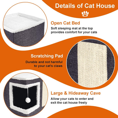 Loyareal Cat Houses for Indoor Cats - Large Cat Bed Cave with Scratch Pad and Fluffy Ball, Foldable Cat Condo Hideaway with Reversible Cushion for Multi Small Pet, Dark Grey4
