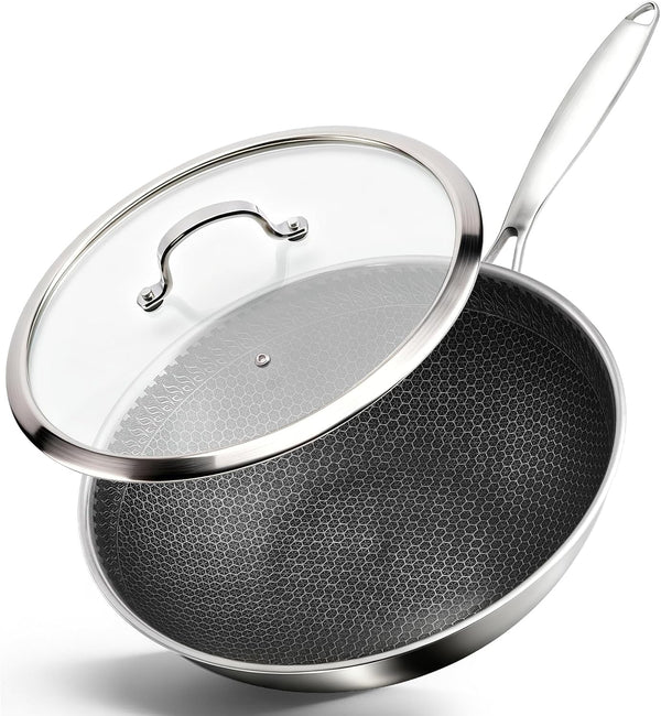 12.2" Tri-Ply Stainless Steel Wok with Glass Lid, Pro-Grade Honeycomb Hybrid Stir Fry Pan for Searing & Tossing, Uncoated Flat Bottom Chef Wok, Induction Compatible (31Cm)1