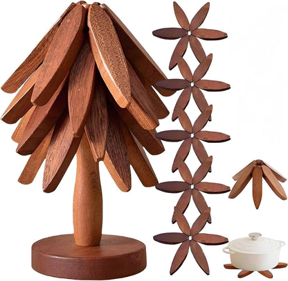 Wooden Tree Trivets,Trivets for Hot Dishes, Tree Coasters | Set of 5 with Stand, Foldable Kitchen Trivets 1 Stand like a Christmas Tree Trivets for Pots, Pans, Bowls & Teapots1
