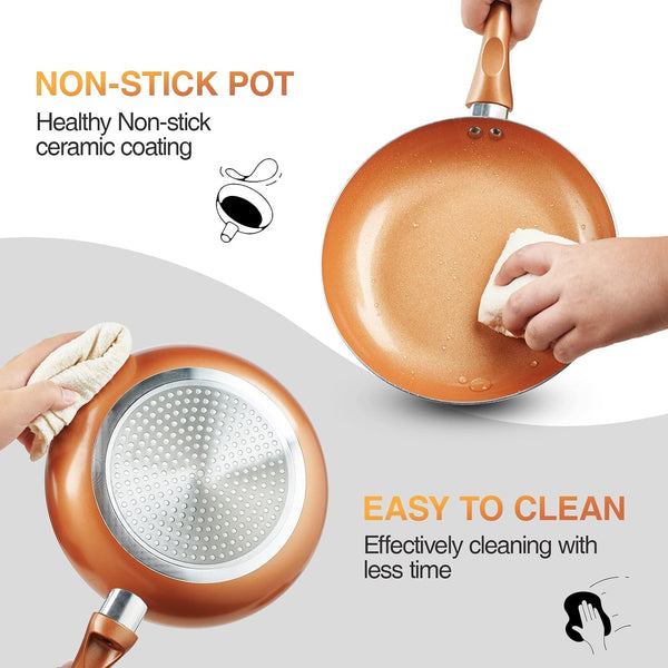 Pots and Pans Set Ultra Nonstick, Pre-Installed 11Pcs Cookware Set Copper with Ceramic Coating, Stay Cool Handle & Nylon Kitchen Utensils, Gas/Induction Compatible, 100% PFOA Free | Compact Nonstick Cooking Set, Induction Cookware Set, PFOA & PFAS Free, Non-Toxic Pots and Pans, Easy Food Release5