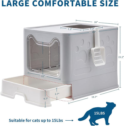 Medario Cat Litter Box with Litter Mat and Scoop, Large Covered Litter Box with Lid, Enclosed Kitty Box, Front Entry Top Exit, Odor Control, Easy to Clean (Grey)4