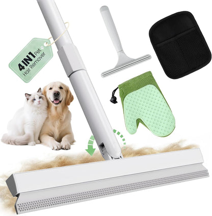 Carpet Rake for Pet Hair Removal Tool - 4 in 1 Pet Hair Remover Kit for Dog Cat Fur Remover, Contain 60" Adjustable Rubber Broom, Glove, Magic Brush and Scraper for Furniture,Short Pile Carpets, Mats1
