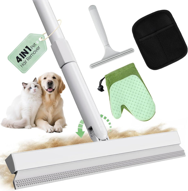 Carpet Rake for Pet Hair Removal Tool - 4 in 1 Pet Hair Remover Kit for Dog Cat Fur Remover, Contain 60" Adjustable Rubber Broom, Glove, Magic Brush and Scraper for Furniture,Short Pile Carpets, Mats1