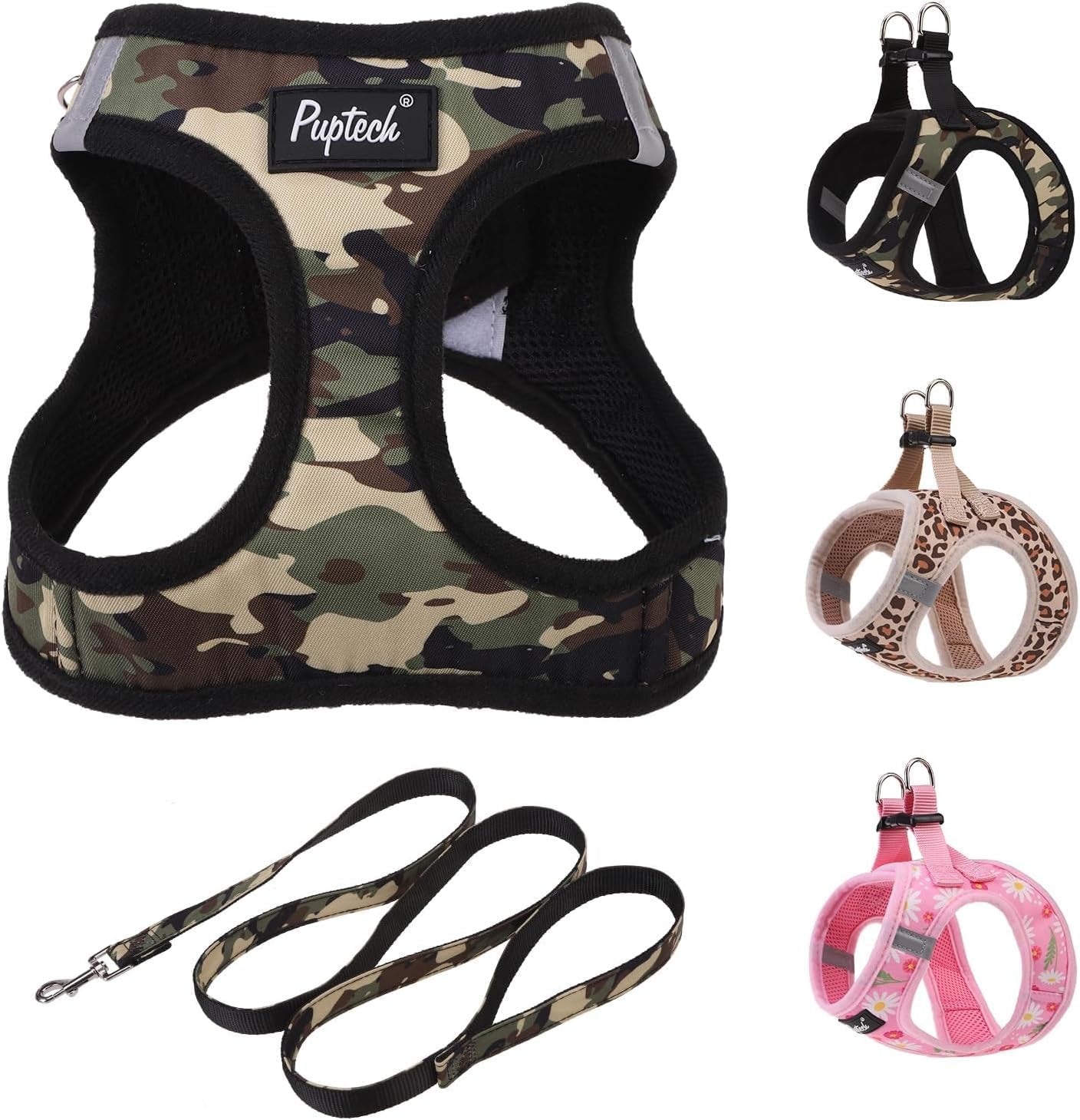 pupteck-dog-harness-and-leash-set-for-small-medium-dogs-no-pull-step-in-soft-mesh-puppy-cat-vest-harnesses-reflective-at-night-green-s