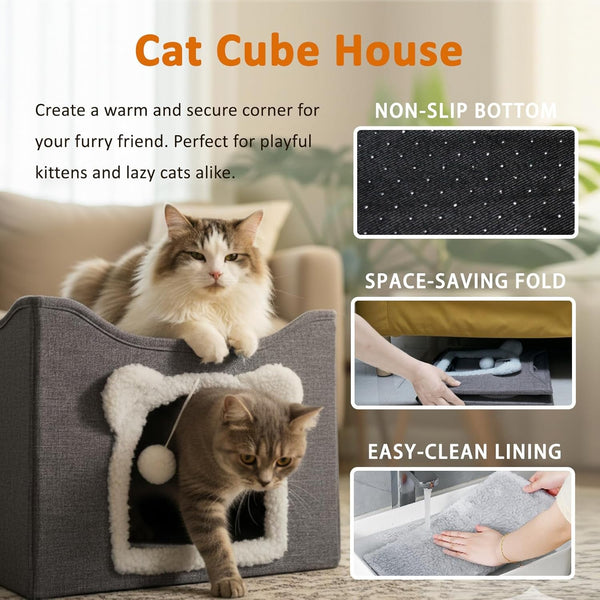 Cat Houses for Indoor Cats, Large Cats Bed Cave, Kitten Cube Box,Cat Condo with Scratching Pad, Hanging Fluffy Ball & Peekaboo Window, Foldable Hideaway Hand-Washable(16X16X13.3 Inches,Grey)4