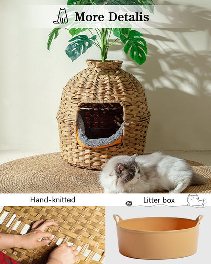 SETVSON Cat Litter Box Plant Furniture Enclosure, Rattan PE House, Natural | Decorative Planter Design, Removable Top for Easy Cleaning, Includes Artificial Plants, Real Stones, 20 X 20 Inches4