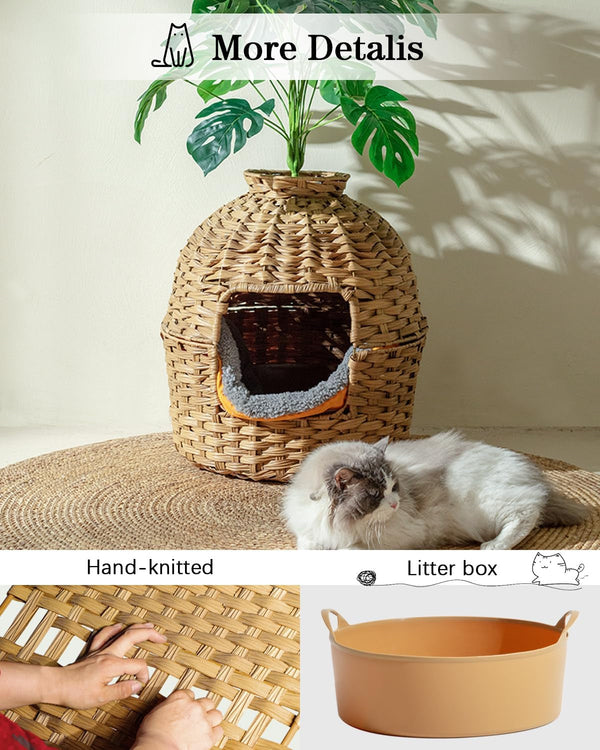 SETVSON Cat Litter Box Plant Furniture Enclosure, Rattan PE House, Natural | Decorative Planter Design, Removable Top for Easy Cleaning, Includes Artificial Plants, Real Stones, 20 X 20 Inches4