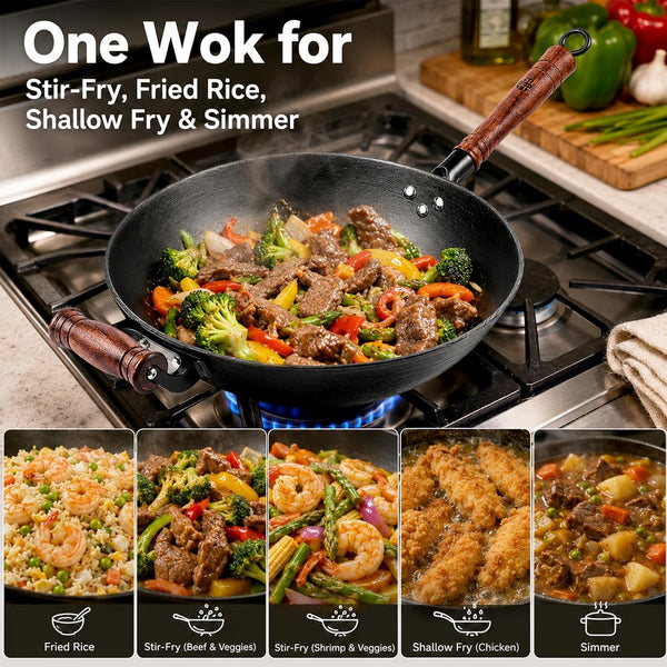 12.6 Inch Cast Iron Wok with Wooden Lid, Handcrafted Flat Bottom Chinese Stir Fry Pan, Uncoated Heavy-Duty Iron Wok for Induction, Gas, Electric & Ceramic Stoves | Uncoated Cast Iron Wok with Wood Lid for Induction, Gas and Electric Stoves; Season before Use.6