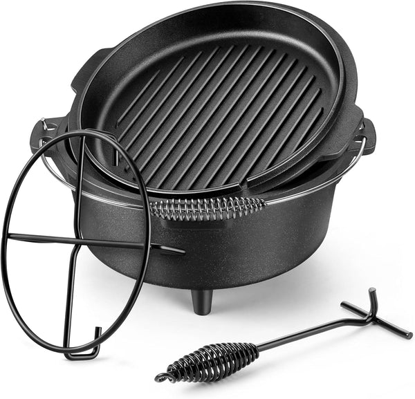7 QT Cast Iron Dutch Oven, Large 2 in 1 Camp Pre-Seasoned Deep Pot & Lid Skillet Pan, Heavy Thick 7 Quart Multiple Cookware with Feet for Outdoor Camping Baking, Bracket and Lid Lifter1