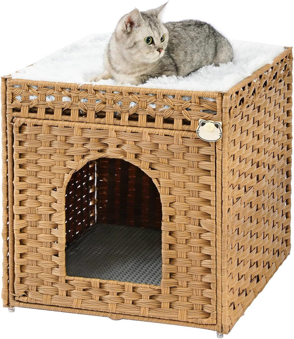 SETVSON Cat Litter Box Enclosure Furniture, Hidden Litter Box with Mat and Fence, Handwoven Rattan Cat House with Two S-Shaped Hooks for Living Room, Bedroom, 18.5 X 20.5 X 19.1 Inches (Natural)8