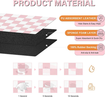 Cat Food Mat - 12"X 20" Cat Dog Mats for Food and Water Bowl, Checkered Pet Placemat Feeding Mat, Non-Slip under Pet Bowls Mats for Messy Drinkers, Pink & White2