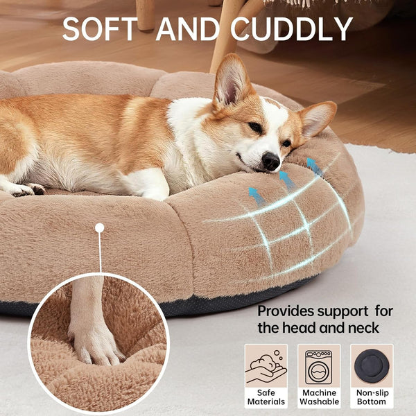 Ohgeni 31 Inches Calming Donut Orthopedic Dog & Cat Bed for Medium Pets, Warming Comfort Fluffy Short Pile Fur, Durable Waterproof Machine Washable Removable Cover, Cute round Bed for Puppy, Camel4