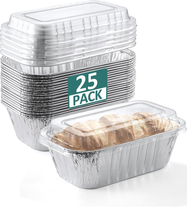 25 Pack 6X3.5X2 Disposable Aluminum Loaf Pans with Lids - 1 Lb Mini Loaf Pans, Small Aluminum Tin Foil Baking Pan, Food Containers for Baking, Cakes, Bread, Meat, Loaves1