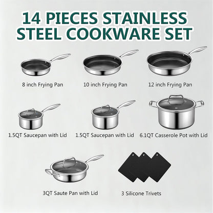 14-Piece Hybrid Stainless Steel Cookware Set with 3 Silicone Trivets | Heavy-Duty Pots and Pans Set, Induction Compatible, Oven Dishwasher Safe, PFOA Free2
