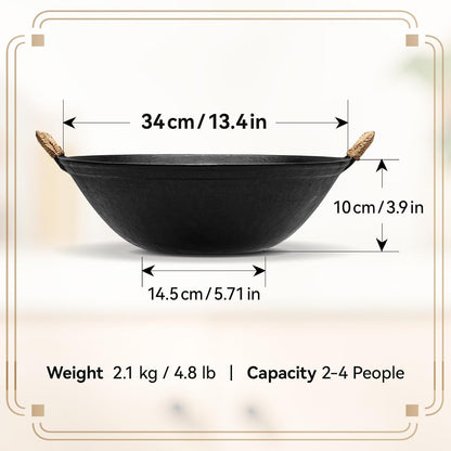 13.4 Inch Cast Iron Wok with Wooden Lid and Iron Spatula, Flat Bottom Double-Handle Chinese Stir Fry Pan, Uncoated Cast Iron Wok for Induction, Gas and Electric Stoves2