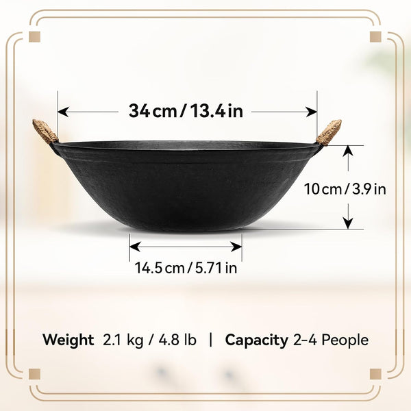 13.4 Inch Cast Iron Wok with Wooden Lid and Iron Spatula, Flat Bottom Double-Handle Chinese Stir Fry Pan, Uncoated Cast Iron Wok for Induction, Gas and Electric Stoves2