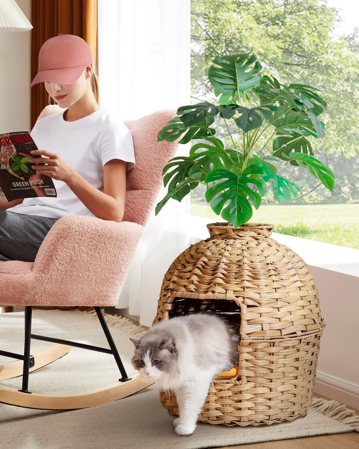 setvson-cat-litter-box-plant-furniture-enclosure-rattan-pe-house-natural-decorative-planter-design-removable-top-for-easy-cleaning-includes-artificial-plants-real-stones-20-x-20-inches