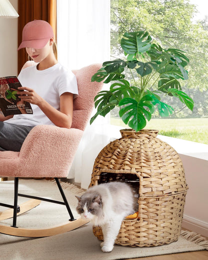 SETVSON Cat Litter Box Plant Furniture Enclosure, Rattan PE House, Natural | Decorative Planter Design, Removable Top for Easy Cleaning, Includes Artificial Plants, Real Stones, 20 X 20 Inches6