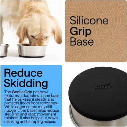 GORILLA GRIP Dog Bowls, Food Grade 304 Stainless Steel, Holds 2 US Cups Each (16 Fl Oz) Food and Water Bowl for Feeding Dogs and Cats, Dishwasher Safe, Rust Resistant BPA Free Rubber Base, 2 Set Black3