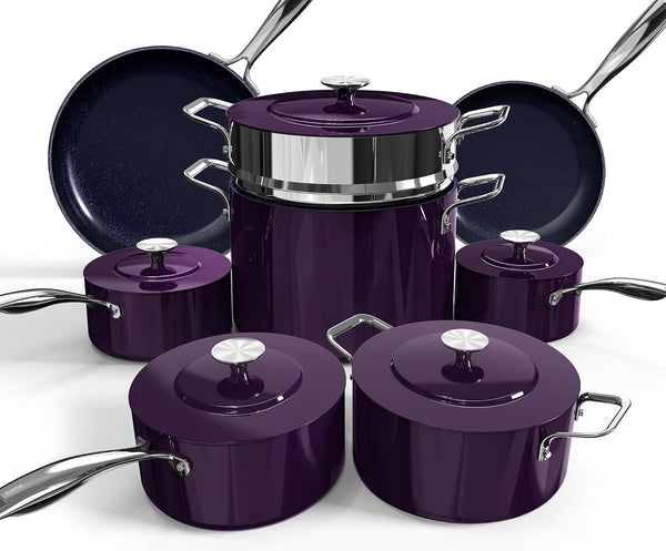 Lux 13Pc Forged Lightweight Nonstick Ceramic Cookware Set, Pfas-Free | Healthy G10 Duralon Ceramic Coating, Pots & Pans Set, Stay-Cool Handles, Metal Lids, All Cooktops & Induction Ready, Eggplant1
