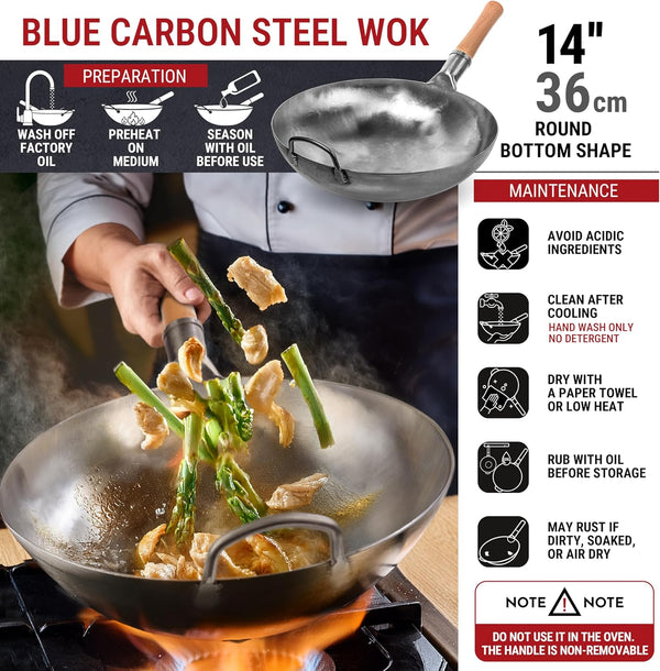 14” Silver Carbon Steel Wok with round Bottom | Suitable for Gas Stoves and Open Fires - Traditional Chinese Wok (Silver)3