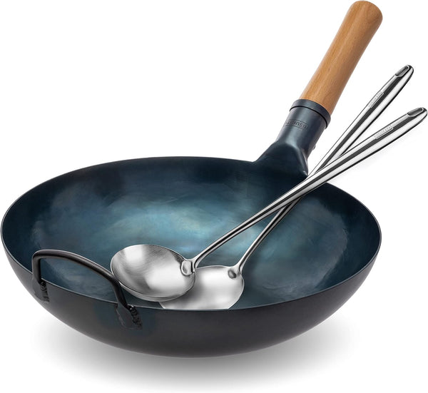Flat Bottom Wok Pan - 13.5" Blue Carbon Steel Wok Flat Bottom Wok Pan + 17’’ Spatula and Ladle - Set of 2 Heat-Resistant Tools1