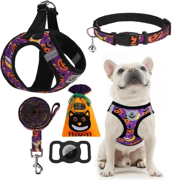 EXPAWLORER Plaid Small Dog Harness and Leash Set with Airtag Holder - No Pull Soft Padded Step in Dog Vest Harness Medium Sized Dog, Reflective Puppy Harness, Collar and Leash for Walking, Khaki S27