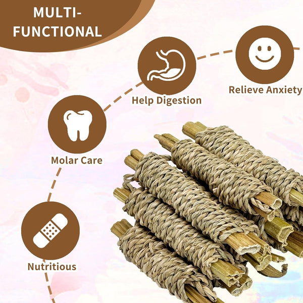 Fhiny 12 PCS Rabbit Chew Sticks, Natural Papaya Wood Seagrass Guinea Pig Chew Toys for Teeth Small Animal Molar Sticks Snacks for Bunny Guinea Pig Chinchilla Ferret Hamster Gerbil Dental Care6
