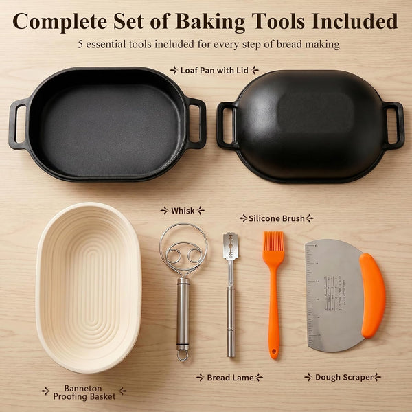 16"X10" Oval Cast Iron Dutch Oven for Bread Baking, Bread Loaf Pan with Sourdough Bread Making Kit, Pre-Seasoned Bread Dutch Oven with Lid, 9.5QT, 13 LBS Heavy Duty, Homemade Breadmaking3