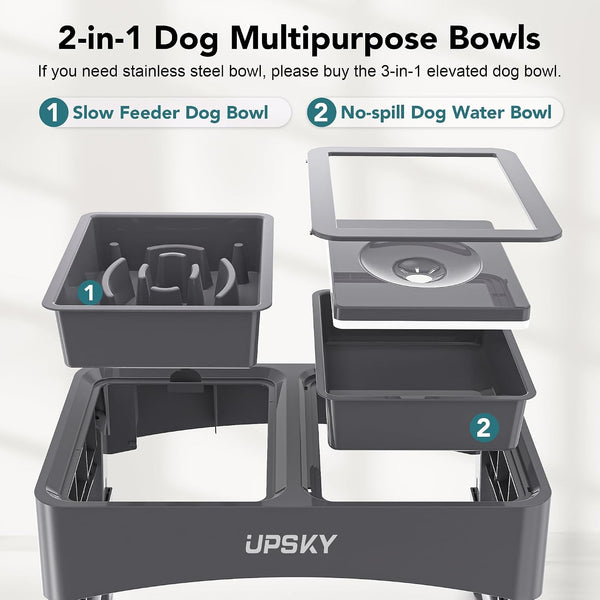 UPSKY 2-In-1 Elevated Dog Bowls Slow Feeder, 4 Height Adjustable Raised Bowl Stand, No Spill Dog Water Bowls, Anti-Slip Food and Water Bowls for Small Medium Dogs(Not Include Stainless Steel Bowl)3