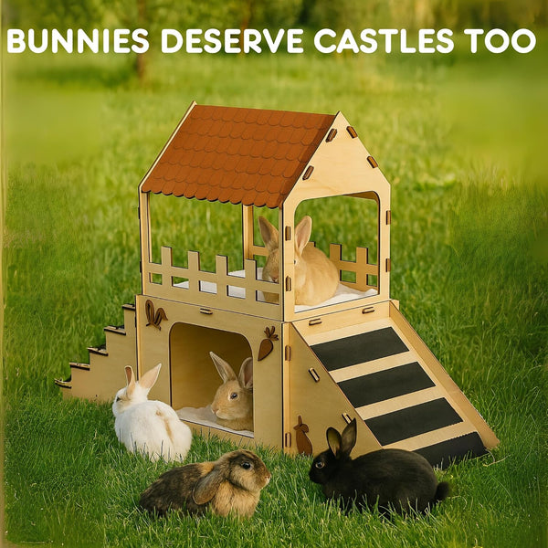 Otterpets Extra Large Bunny Hideout, Wooden Rabbit Castle with Fleece Mats | Pet-Safe Wood Joints (No Rubber Bands), Rabbit Hideout Made of Safe Wood, Bunny House Indoor; Chinchilla and Guinea Pig Safe2