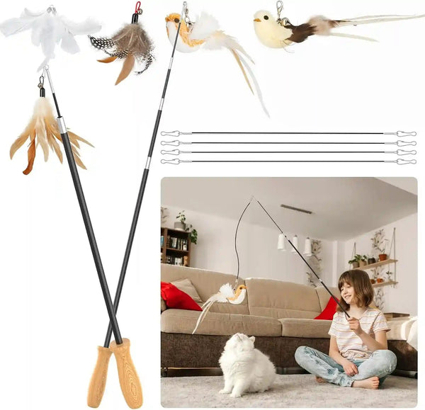 ROSAUI Cat Teaser Wand Toys, Interactive Bird Toys for Indoor Kittens, 42.15’’ Long Cat Fishing Pole Toys, 2Pcs Wires and 5Pcs Natural Refills, Sustainable Wooden Handles, Exercising, Playing7